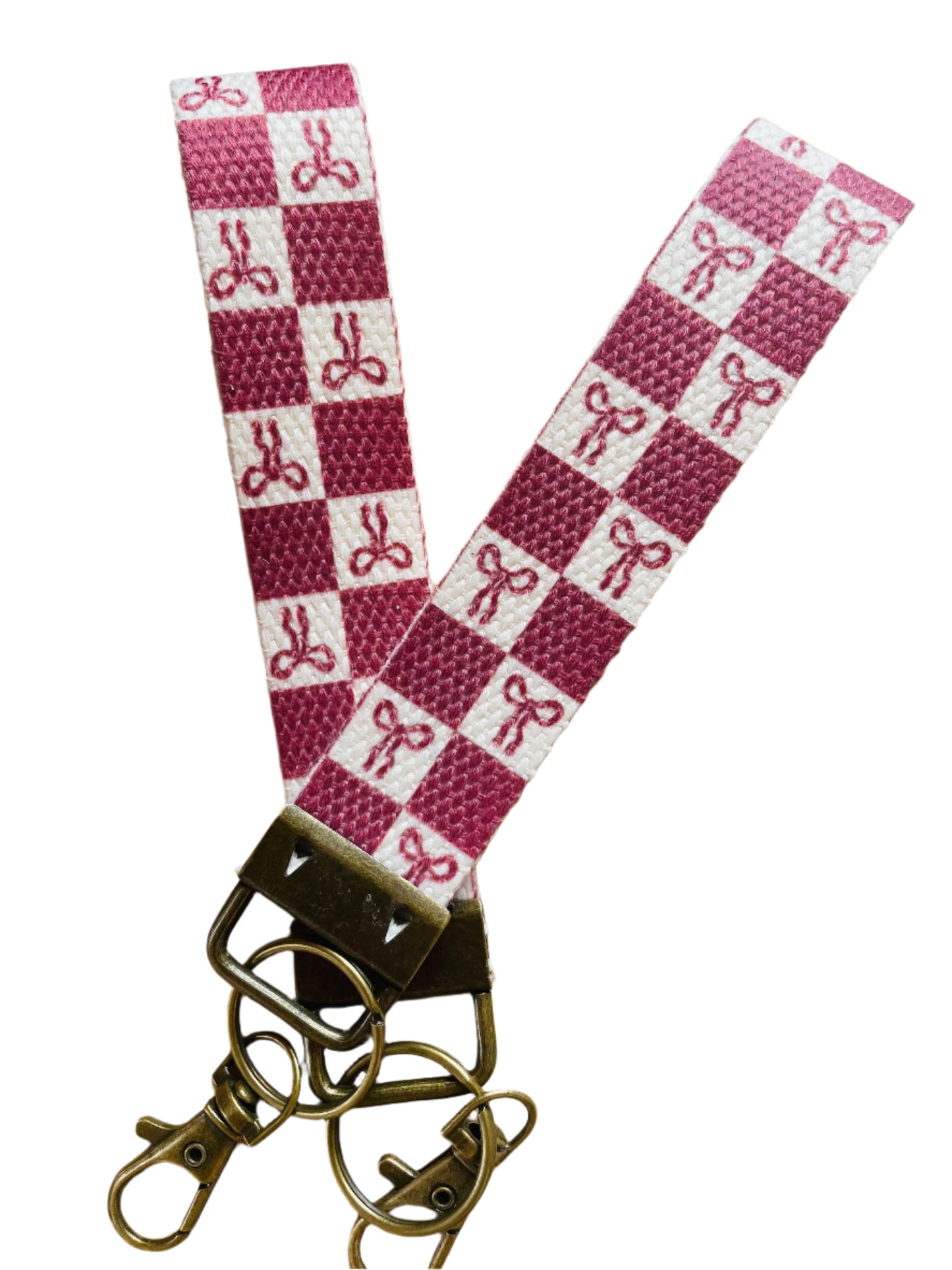 Wristlet keychain lanyard - Burgandy Checkers Bows