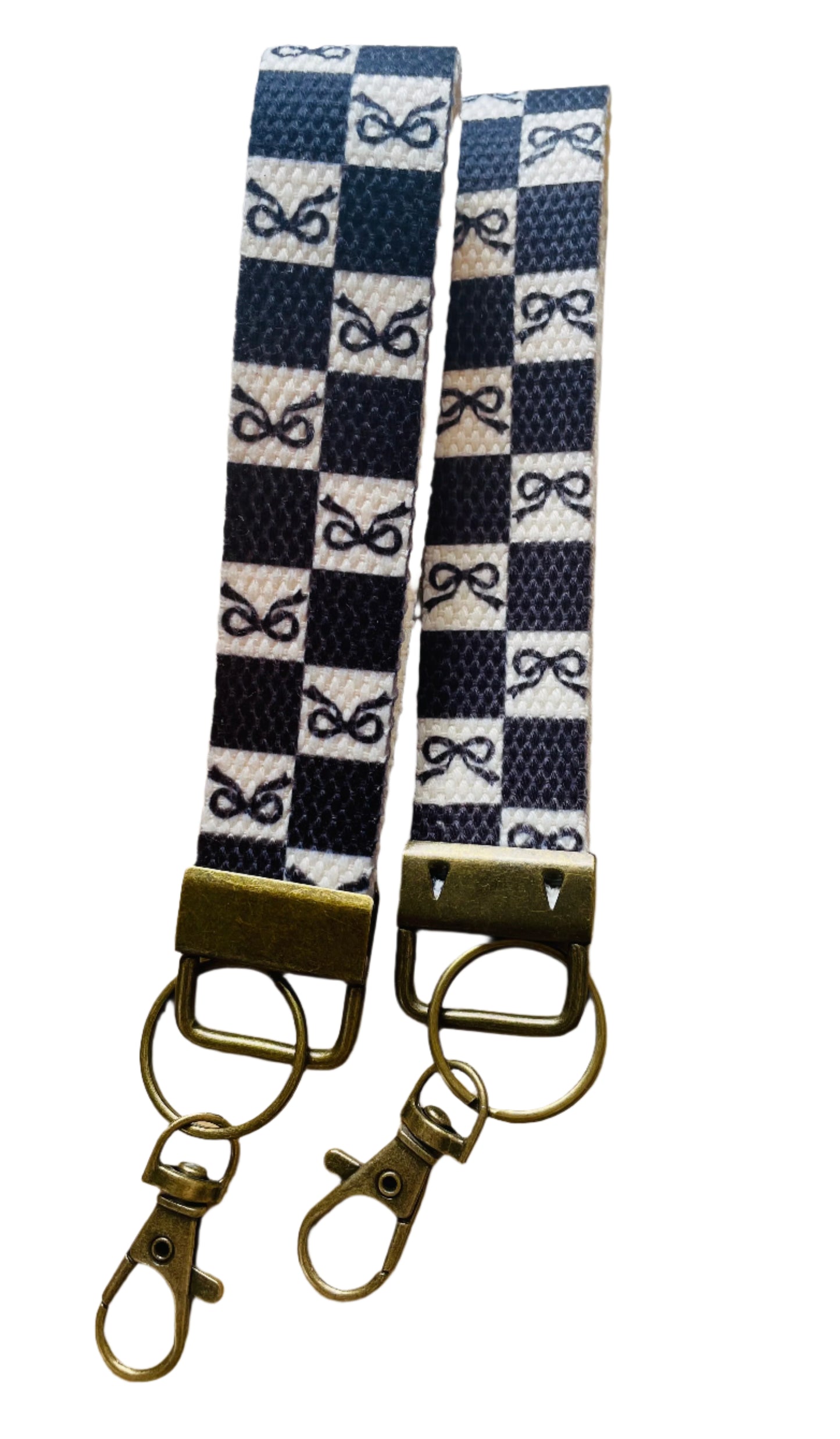 Wristlet keychain lanyard- Black checkered bow
