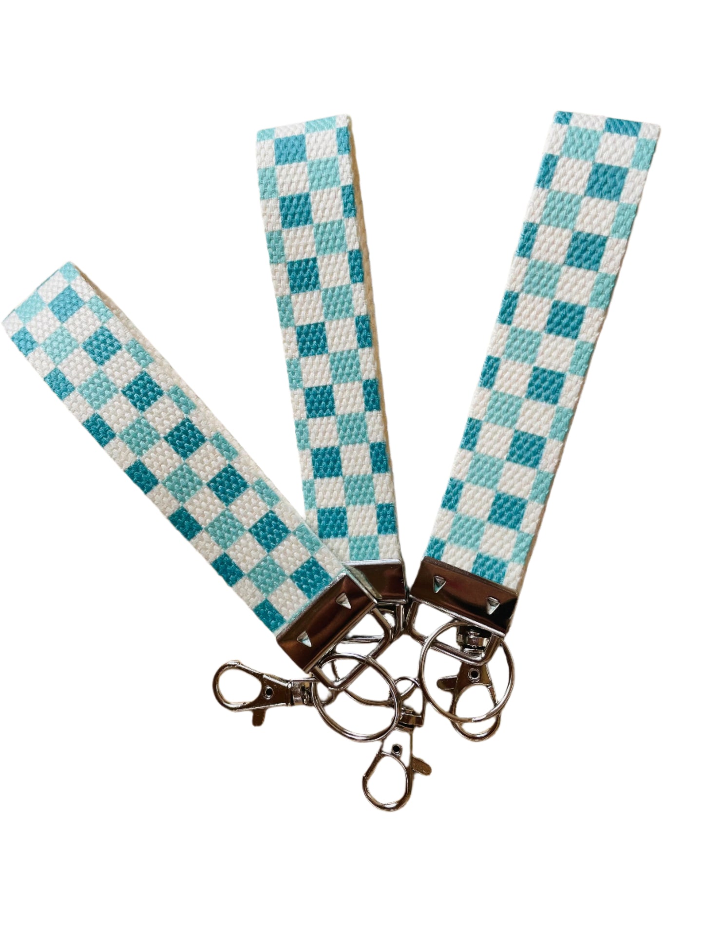 Wristlet keychain lanyard -Teal checkers