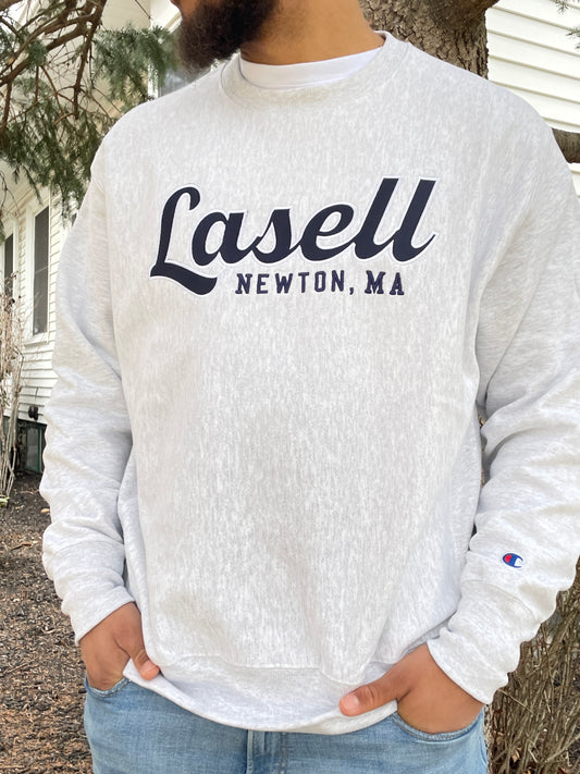 Lasell Newton MA-Heather Grey & Navy Embroidery Crewneck