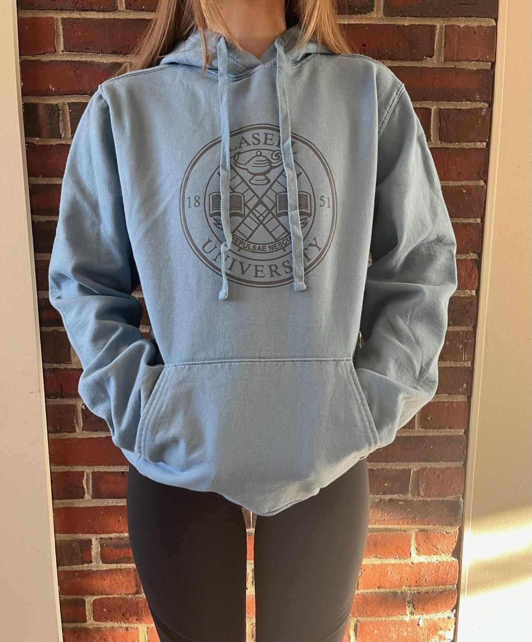 Lasell University Emblem Blue Ash Hoodie