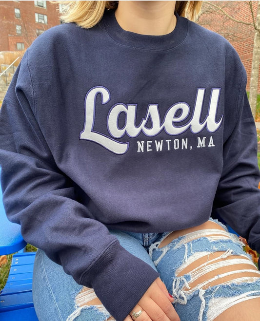 Lasell Newton MA Navy Embroidery Crewneck
