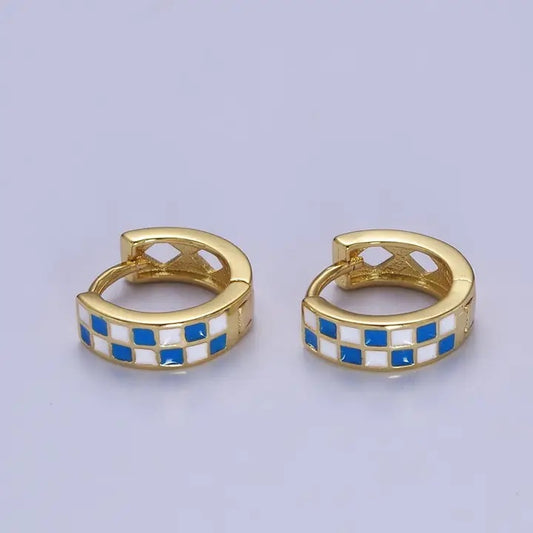 24K Gold Filled Enamel Checker Hoops Earring Retro Gold Hugg