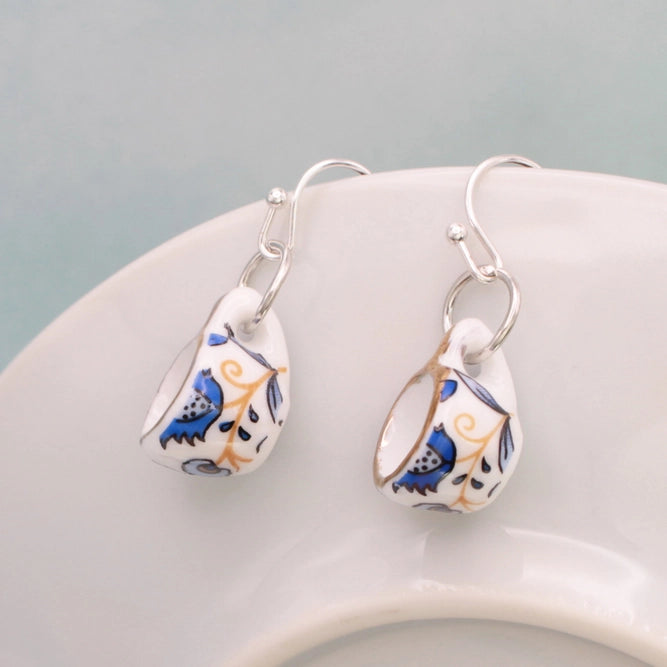 Blue Yellow Ceramic Teacup Earrings