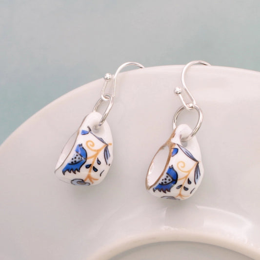 Blue Yellow Ceramic Teacup Earrings