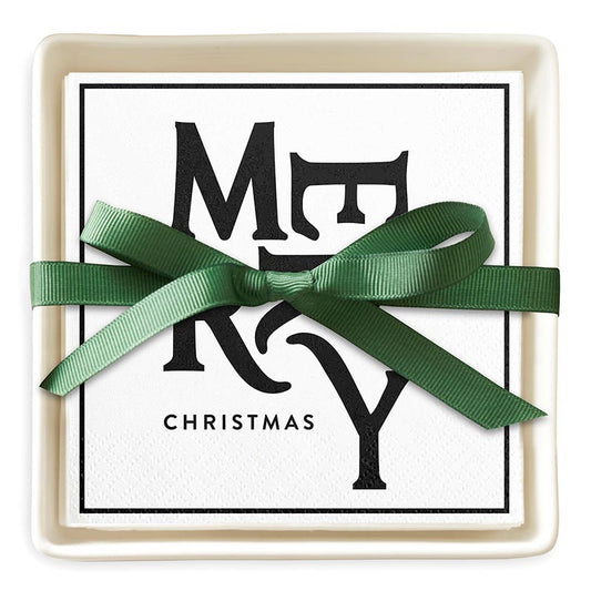 Santa Barbara Ceramic Tray & Napkins- Merry Christmas
