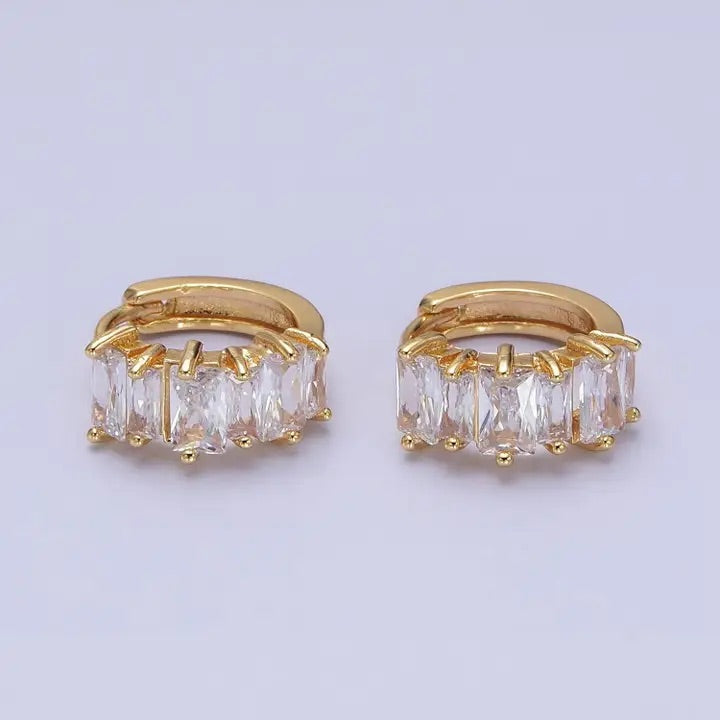 Gold filled clear baguette lined 13mm Huggies earrings